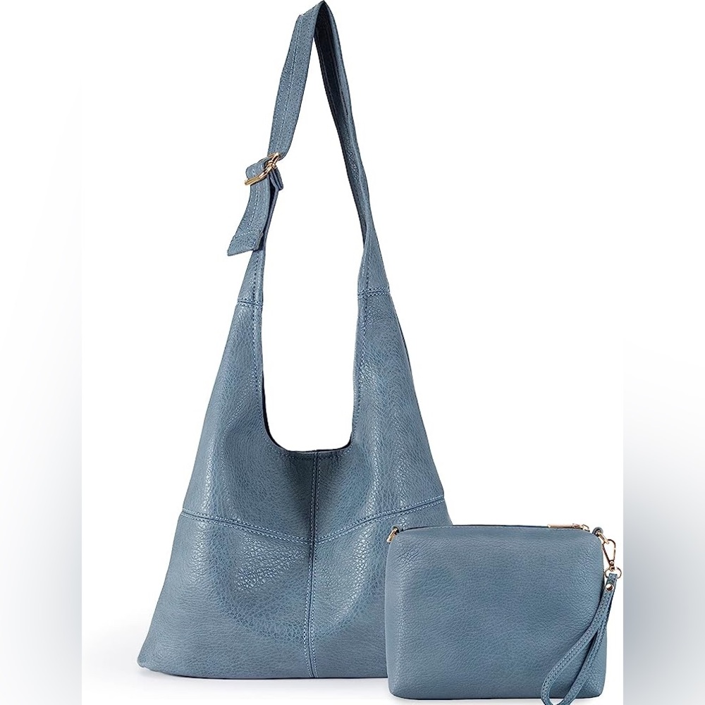 DENIM BLUE SUPER SOFT VEGAN LEATHER SHOULDER BAG AND COIN CLUTCH 2 PIECE SET